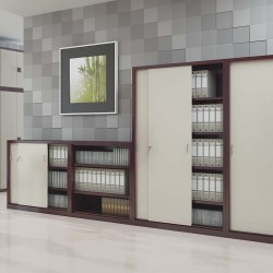 Armoire de bureau blanche basse design bois avec portes coulissantes